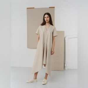 COS Beige Cotton V-Neck Square Drape Midi Dress(Dorothea Rockburne Collab)